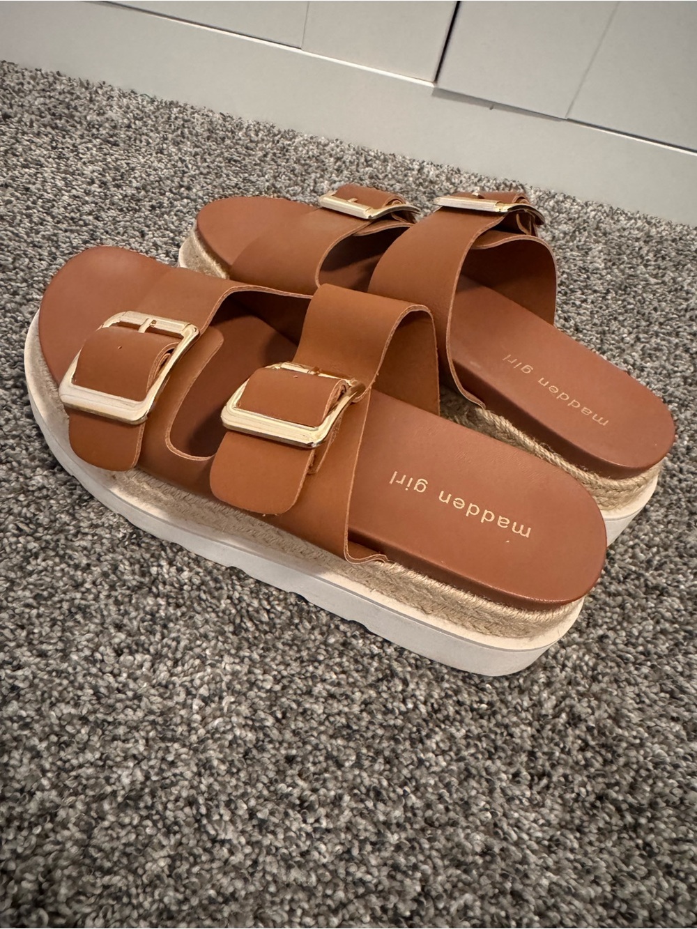 Madden Girl Tan Platform Espadrille Slide Sandals with Gold Buckles - Picture 5 of 6
